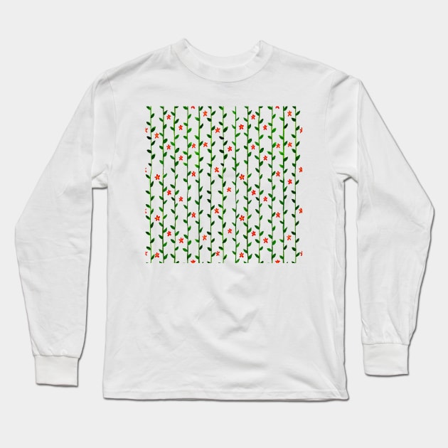 Watercolor Floral Vines Pattern - Dark Green & Red Long Sleeve T-Shirt by monitdesign